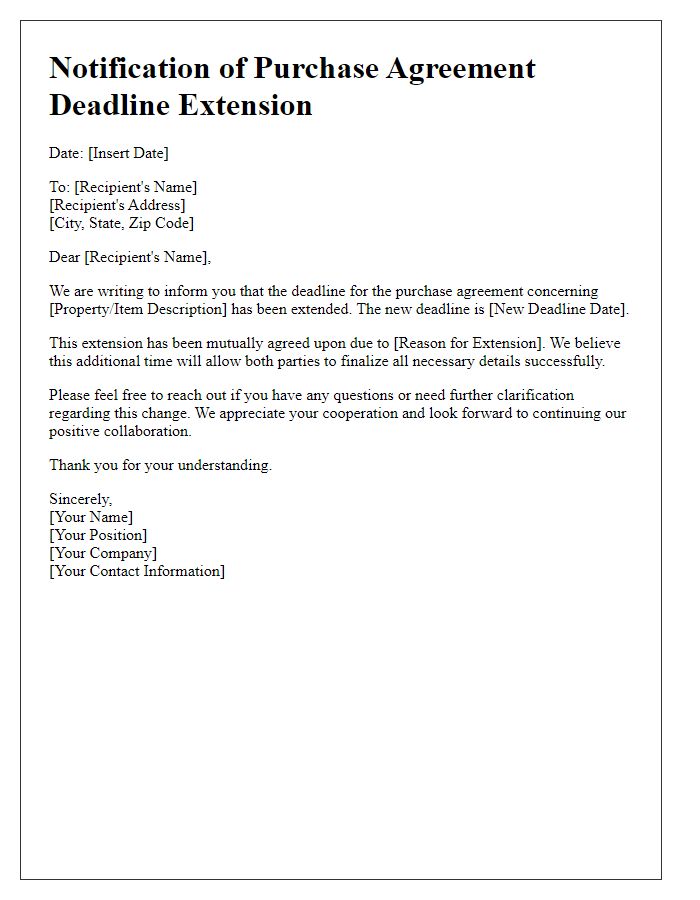 Letter template of notification of agreed purchase agreement deadline extension