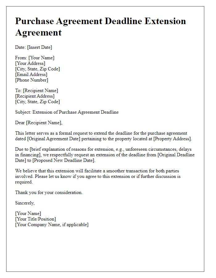 Letter template of purchase agreement deadline extension agreement