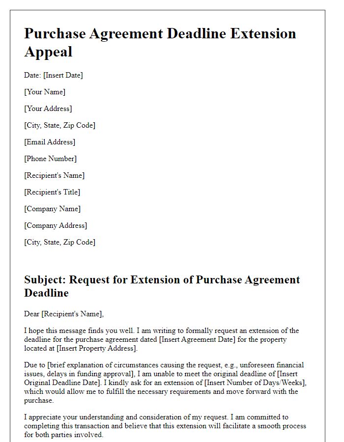 Letter template of purchase agreement deadline extension appeal