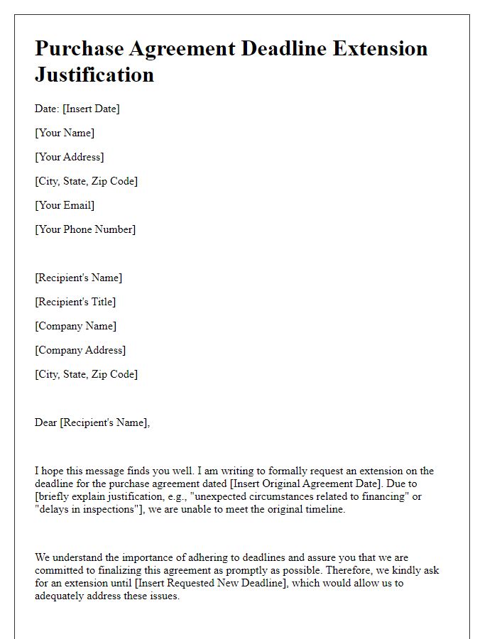 Letter template of purchase agreement deadline extension justification