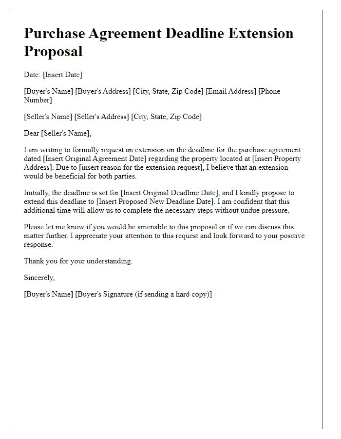 Letter template of purchase agreement deadline extension proposal