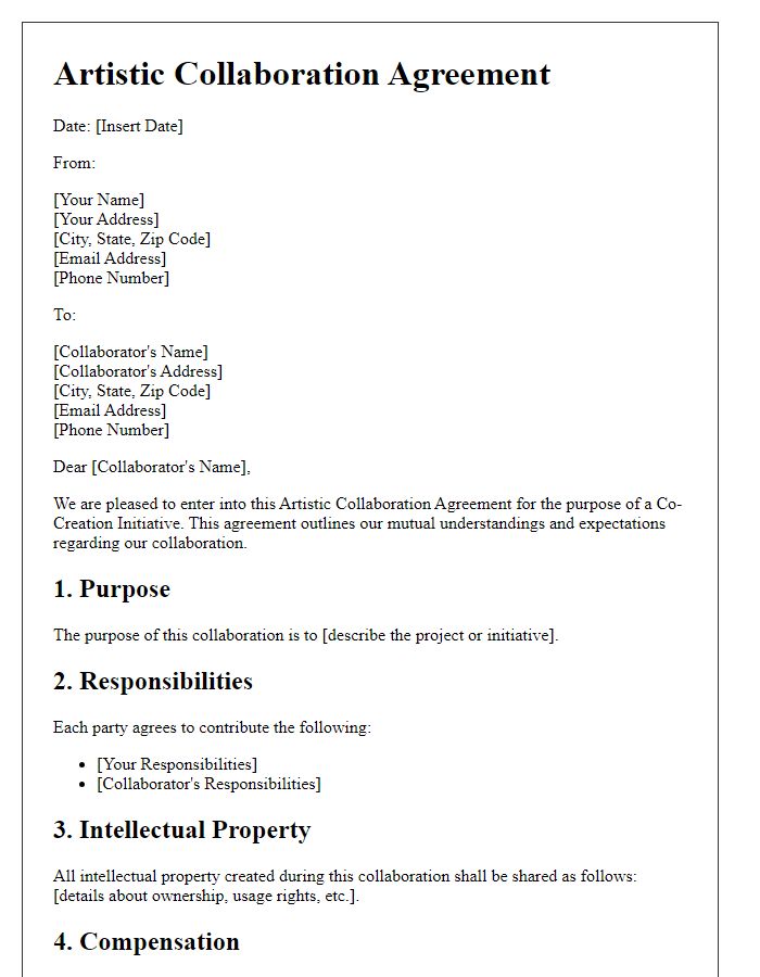 Letter template of Artistic Collaboration Agreement for Co-Creation Initiative.