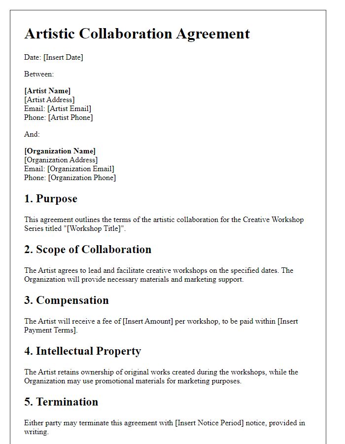 Letter template of Artistic Collaboration Agreement for Creative Workshop Series.