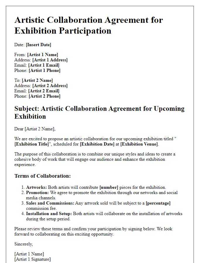 Letter template of Artistic Collaboration Agreement for Exhibition Participation.