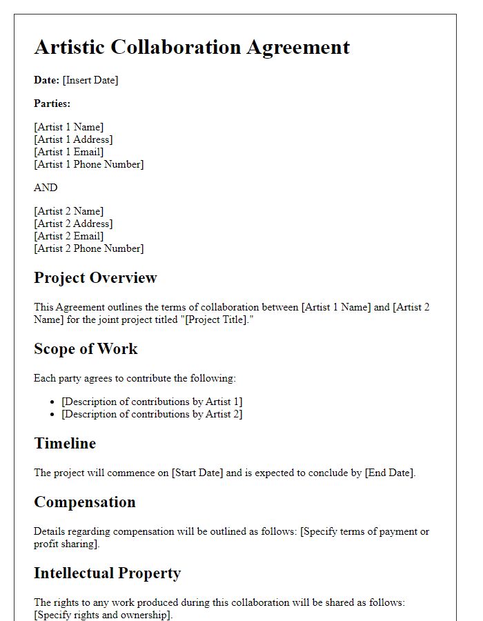 Letter template of Artistic Collaboration Agreement for Joint Project.