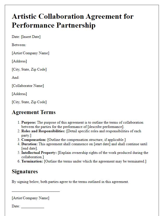 Letter template of Artistic Collaboration Agreement for Performance Partnership.