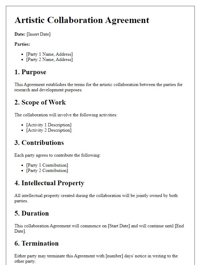 Letter template of Artistic Collaboration Agreement for Research and Development.