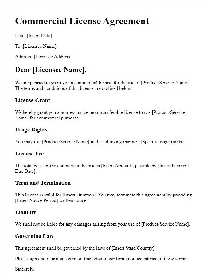 Letter template of commercial license terms