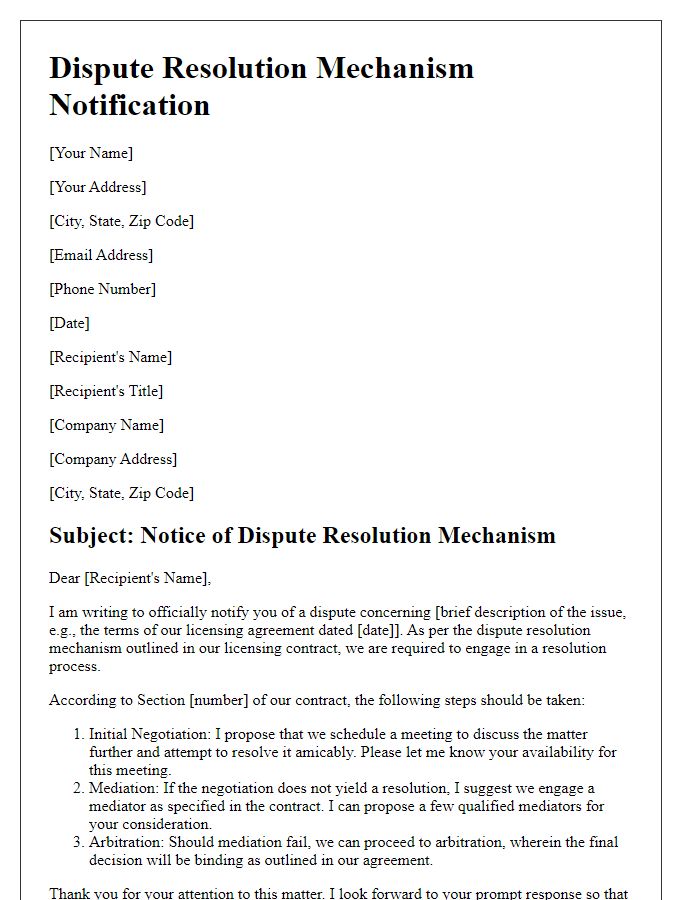 Letter template of dispute resolution mechanisms in licensing contracts