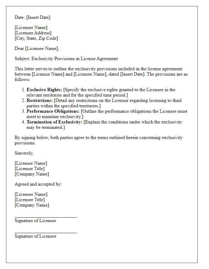 Letter template of exclusivity provisions in license agreements