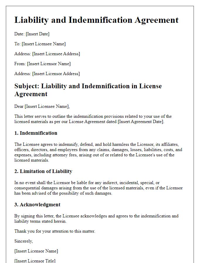 Letter template of liability and indemnification in license agreements