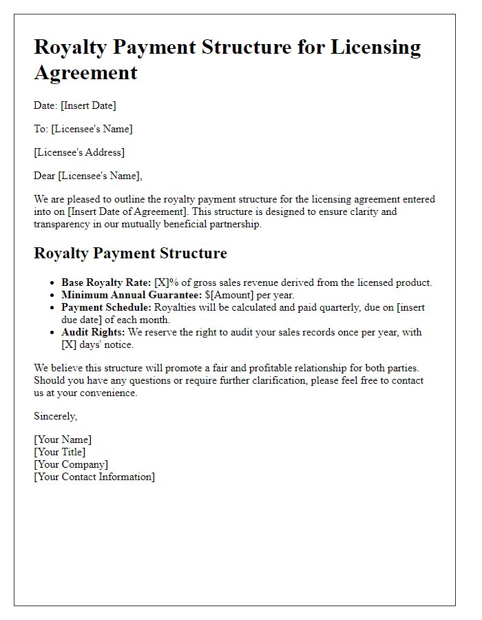 Letter template of royalty payment structure for licensing