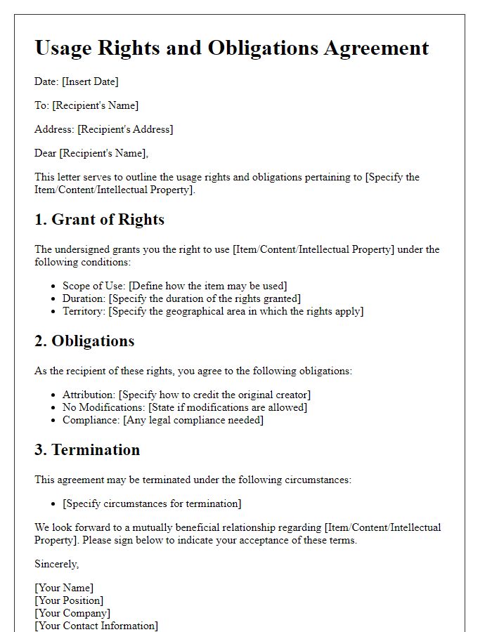 Letter template of usage rights and obligations