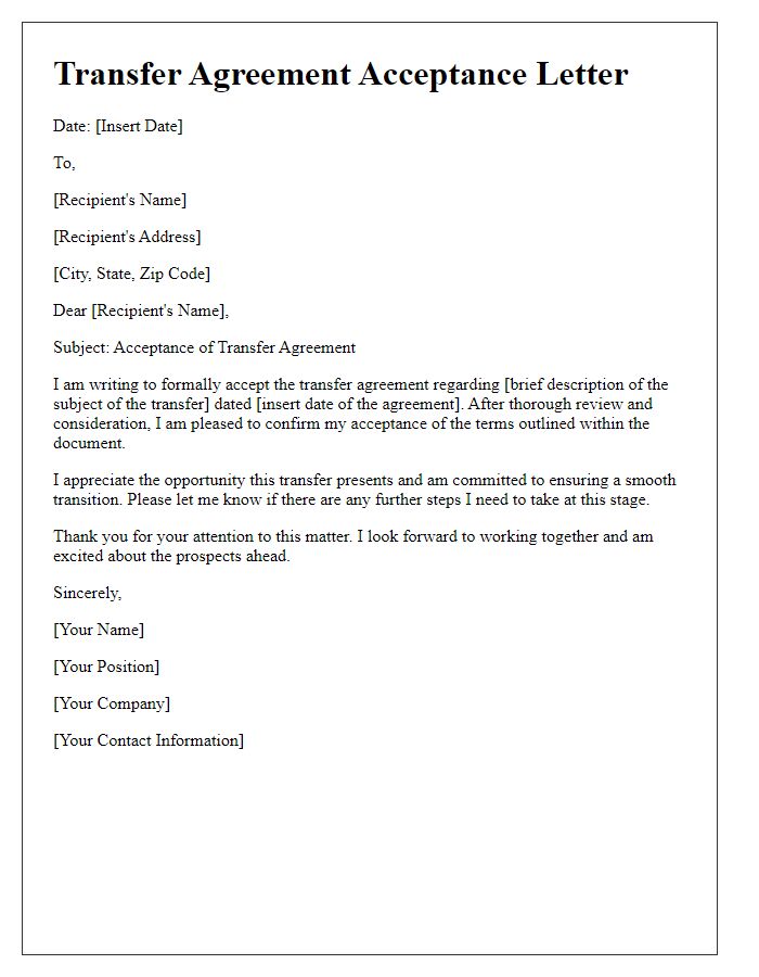 Letter template of transfer agreement acceptance.