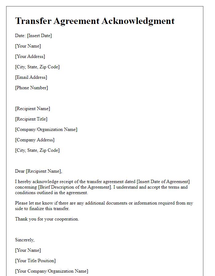 Letter template of transfer agreement acknowledgment.