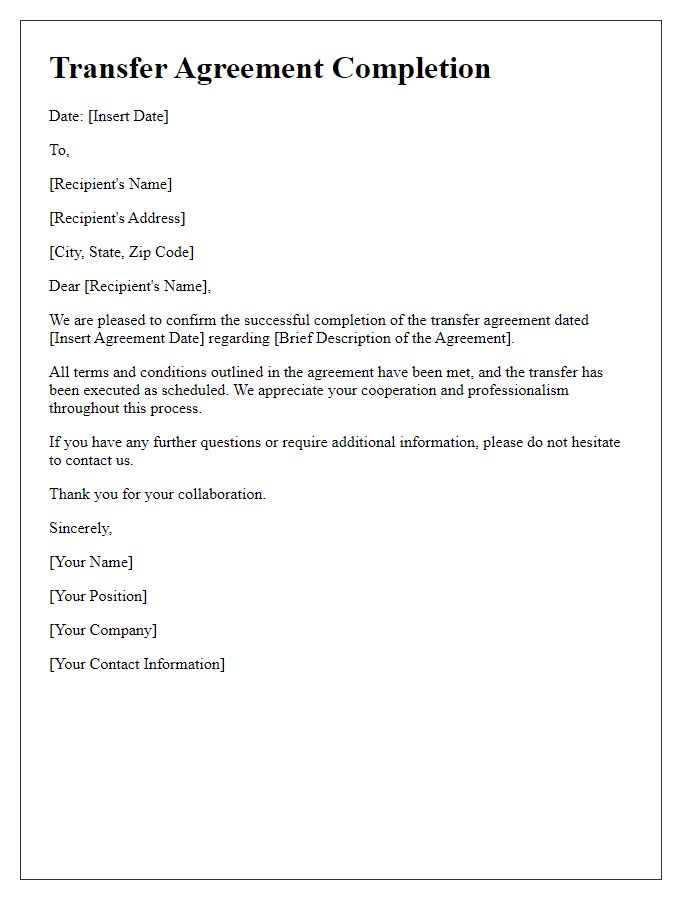 Letter template of transfer agreement completion.