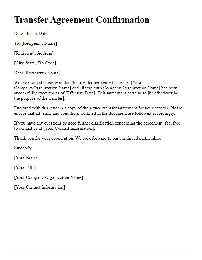 Letter template of transfer agreement confirmation.