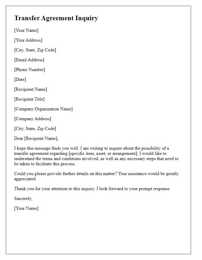 Letter template of transfer agreement inquiry.