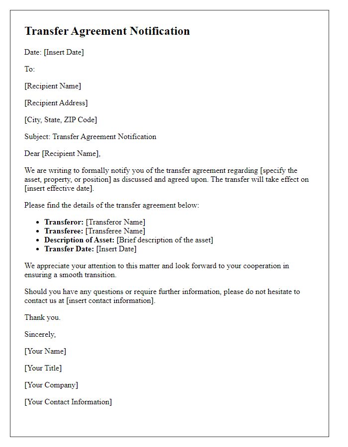 Letter template of transfer agreement notification.