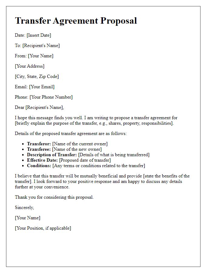 Letter template of transfer agreement proposal.