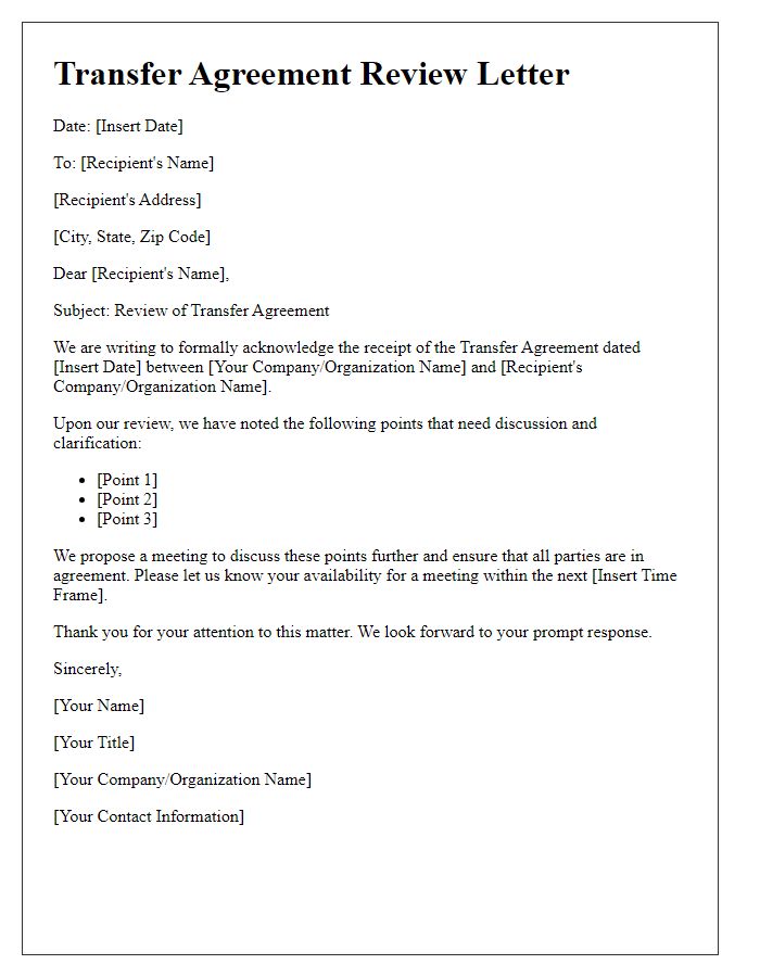 Letter template of transfer agreement review.