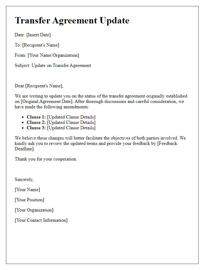 Letter template of transfer agreement update.