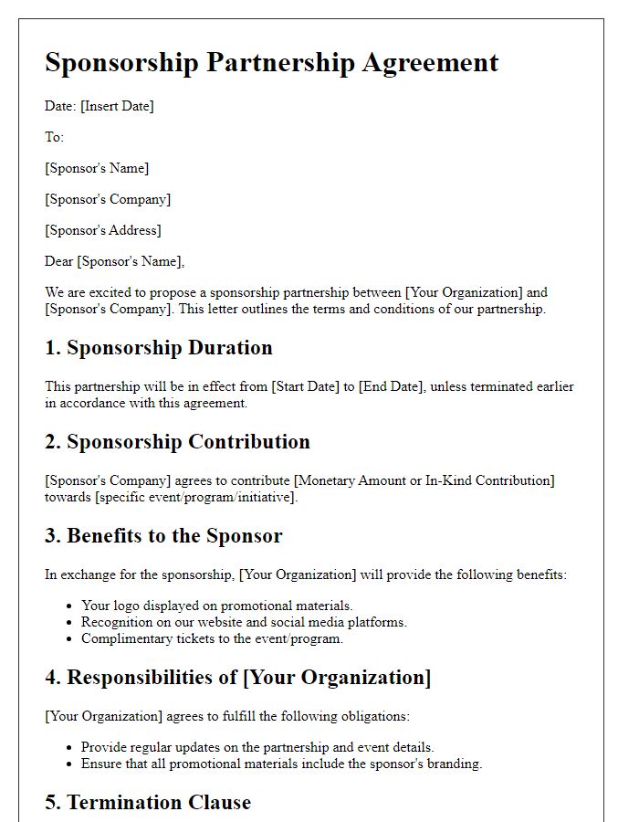 Letter template of sponsorship partnership terms