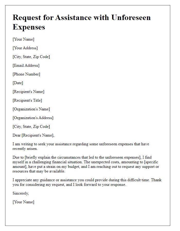 Letter template of assistance for unforeseen expenses