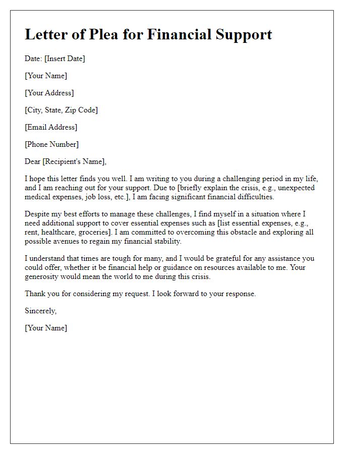 Letter template of plea for financial support during crisis