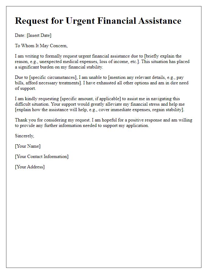 Letter template of urgent financial assistance request