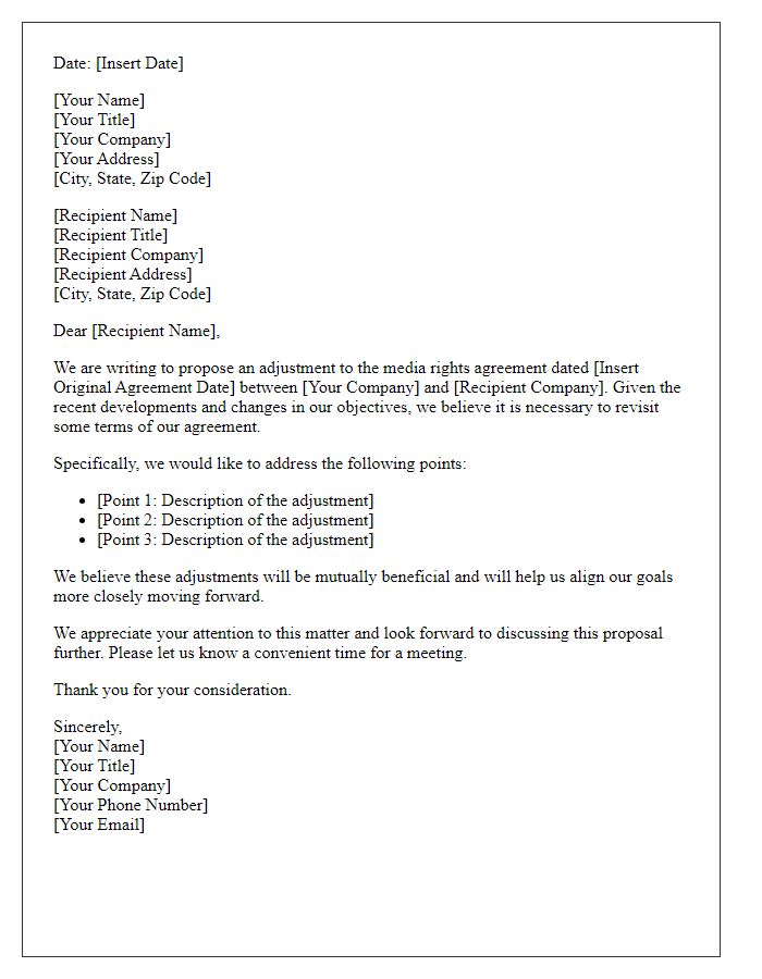 Letter template of media rights agreement adjustment.