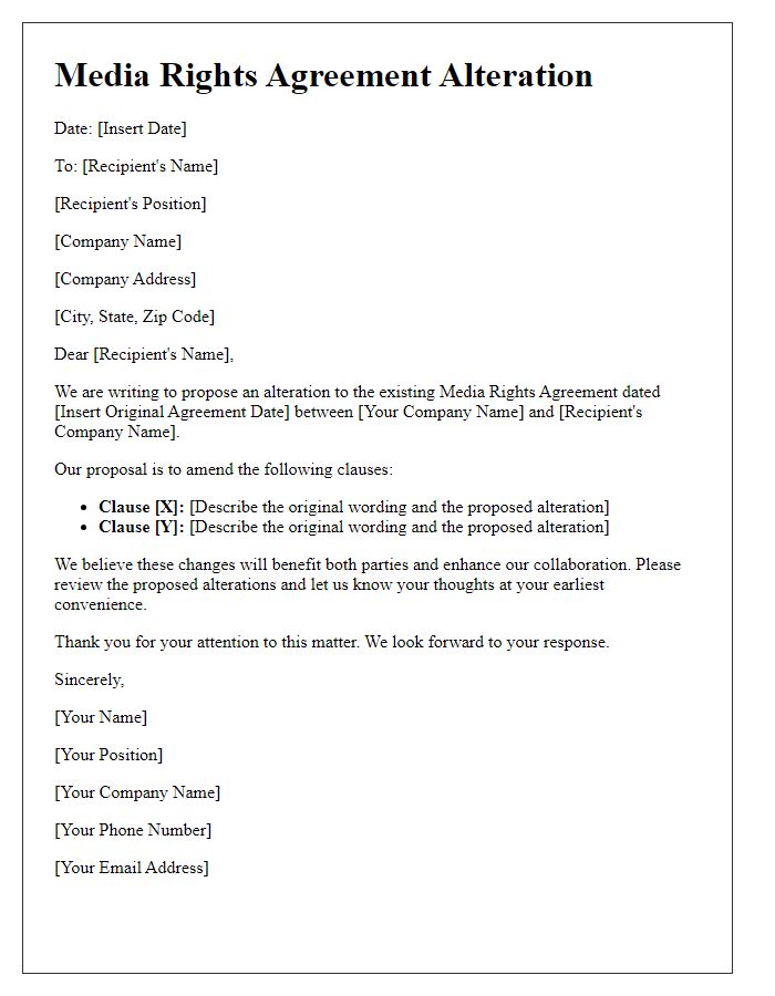 Letter template of media rights agreement alteration.