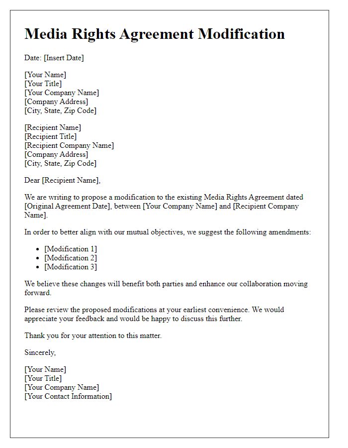 Letter template of media rights agreement modification.