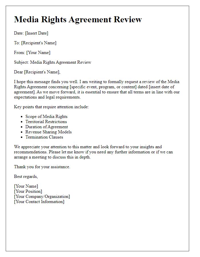 Letter template of media rights agreement review.