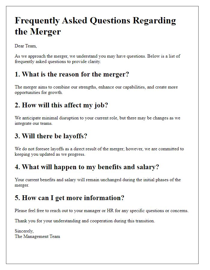 Letter template of FAQs regarding the merger for staff