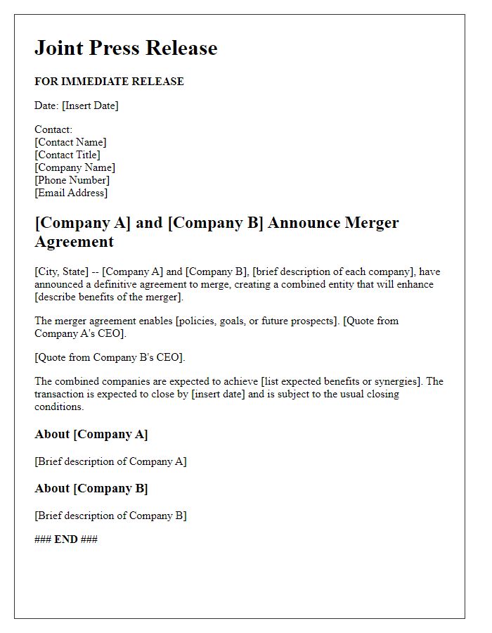 Letter template of joint press release for merger agreement