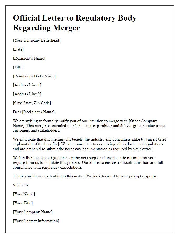 Letter template of official letter to regulatory bodies about merger