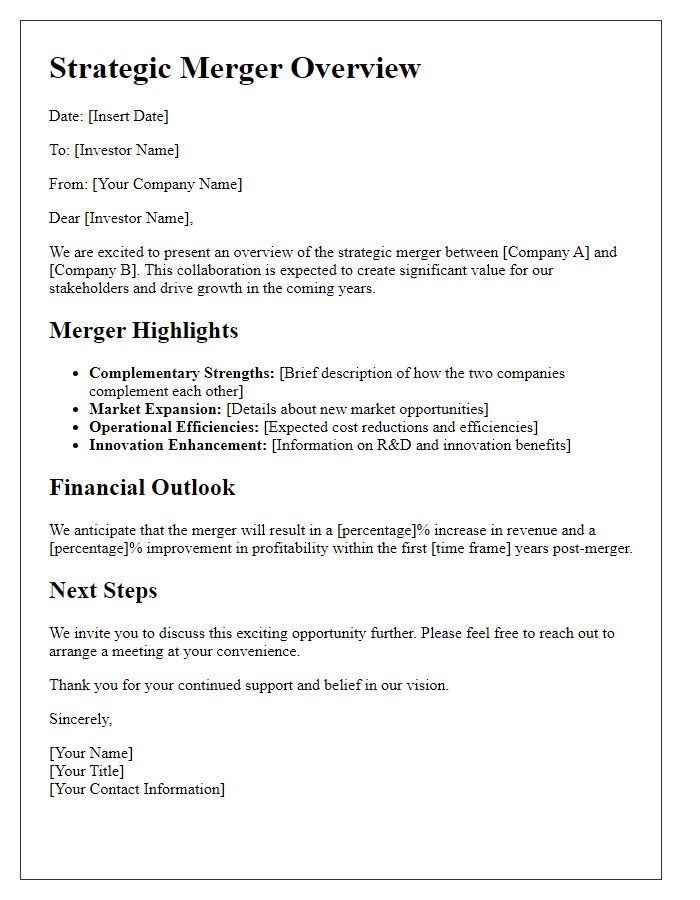 Letter template of strategic merger overview for investors