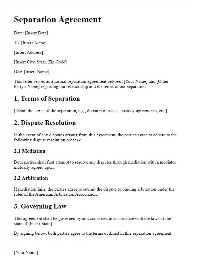 Letter template of separation agreement with dispute resolution clauses