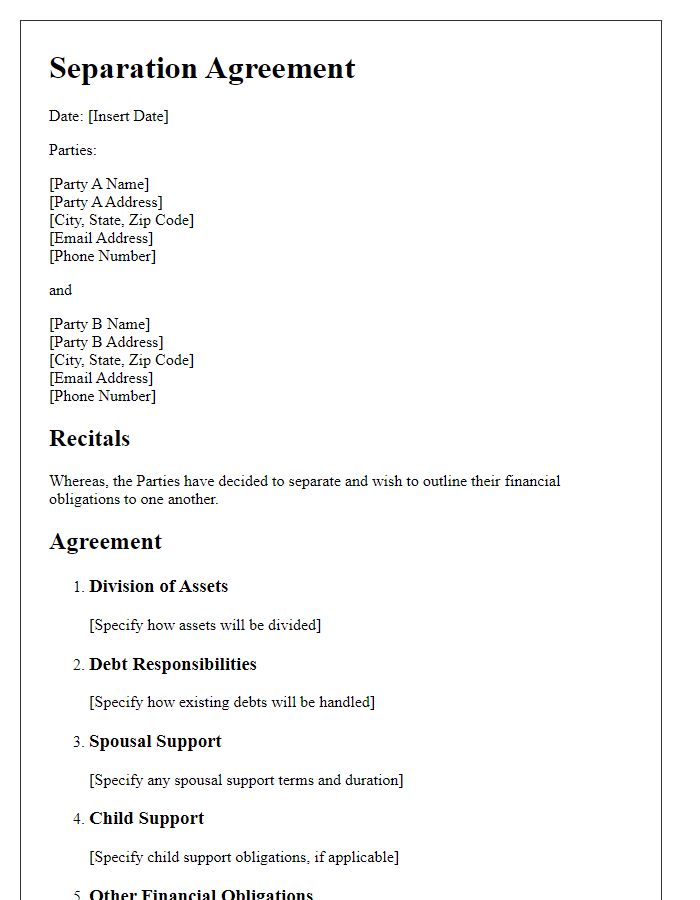 Letter template of separation agreement with financial obligations