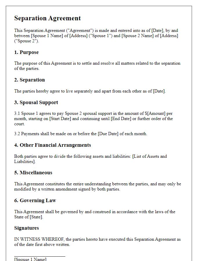 Letter template of separation agreement including spousal support