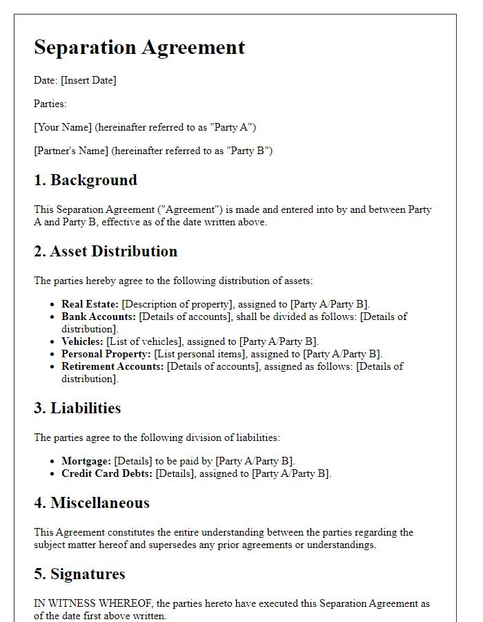 Letter template of separation agreement outlining asset distribution