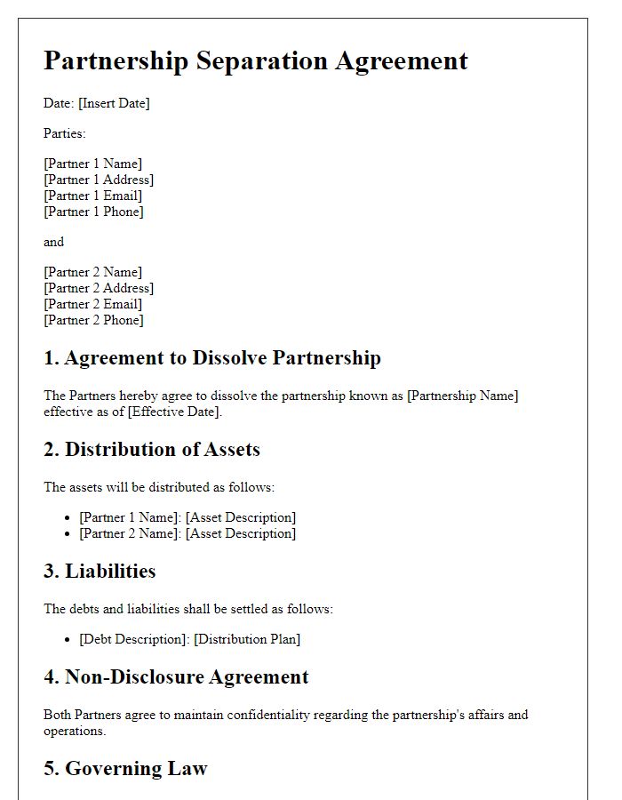 Letter template of separation agreement for partnership dissolution