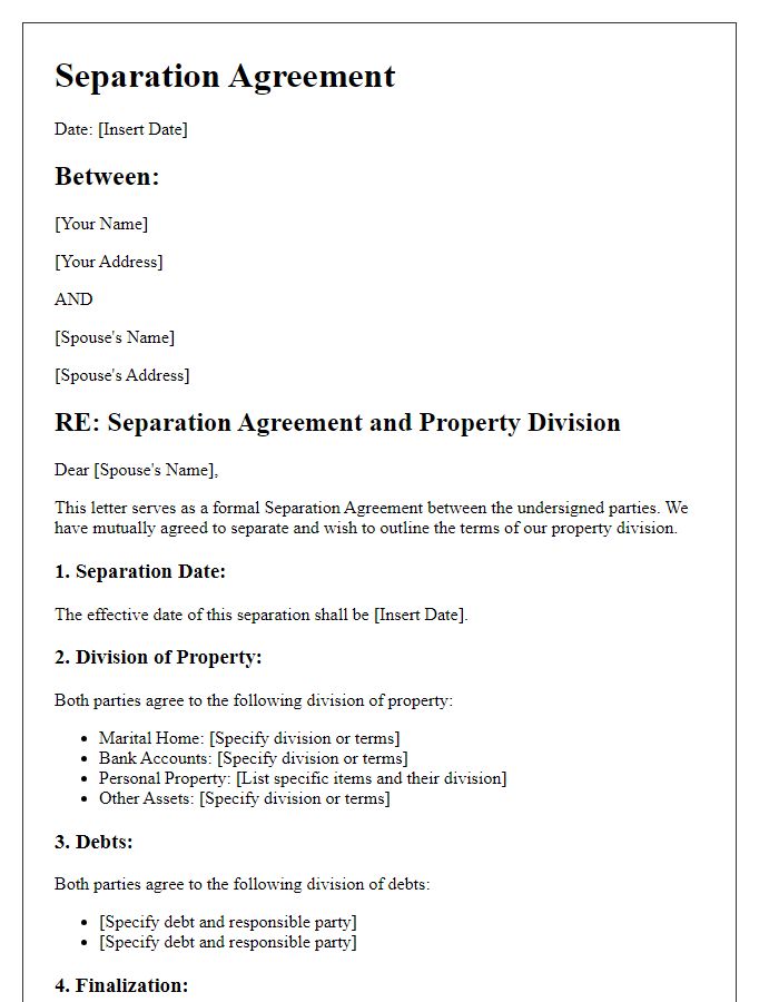 Letter template of separation agreement with property division