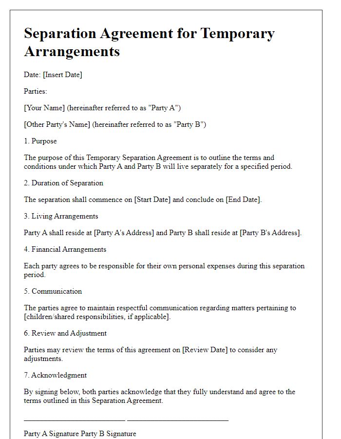 Letter template of separation agreement for temporary arrangements