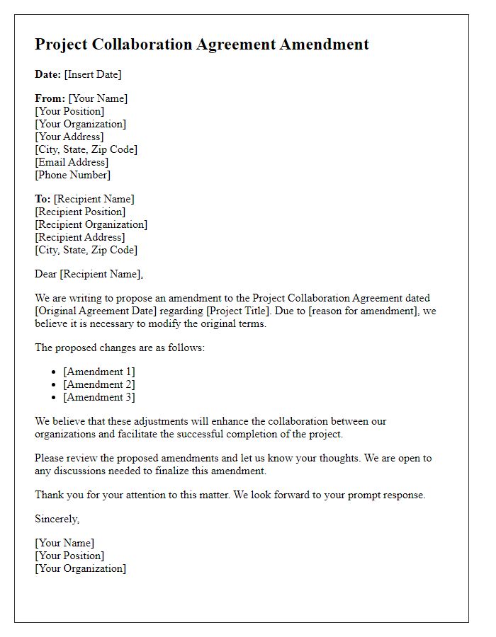 Letter template of project collaboration agreement amendment