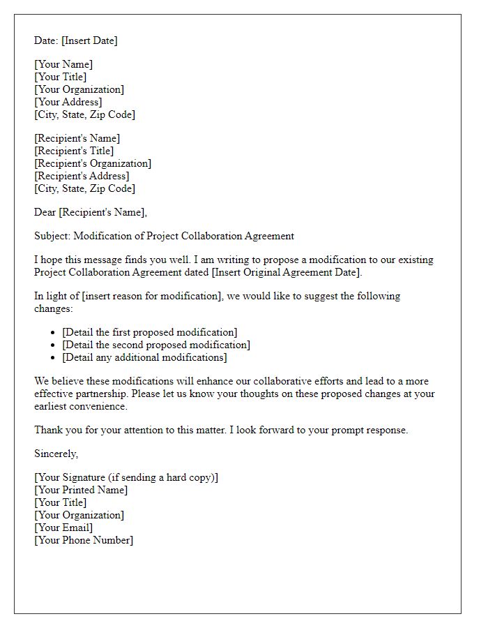 Letter template of project collaboration agreement modification