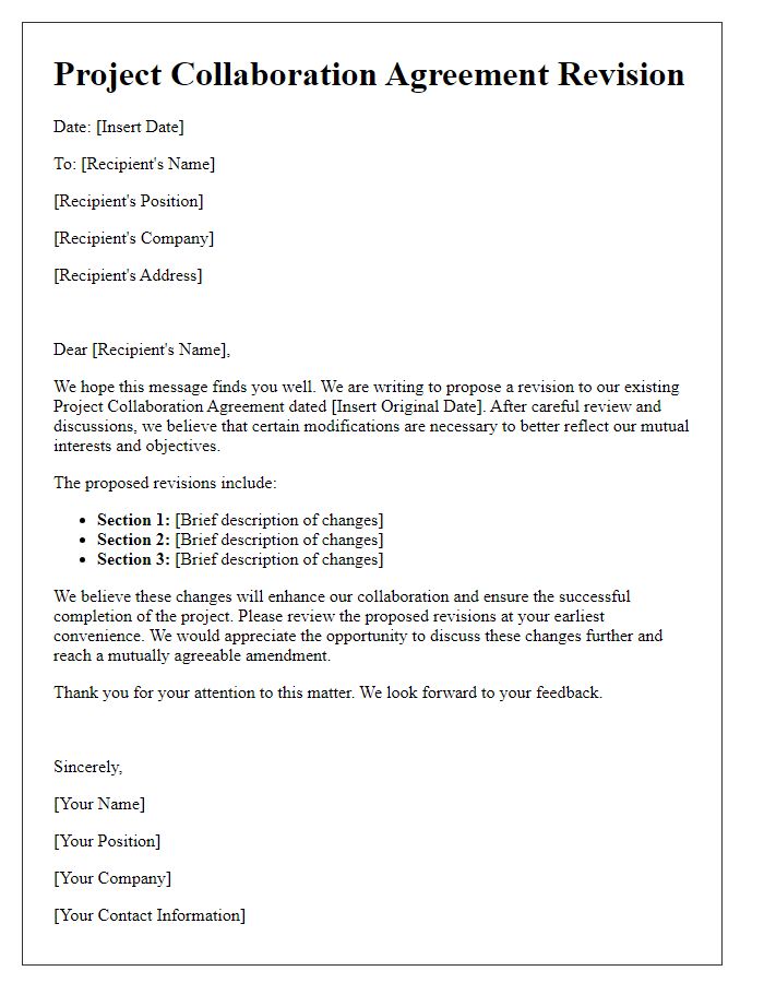 Letter template of project collaboration agreement revision