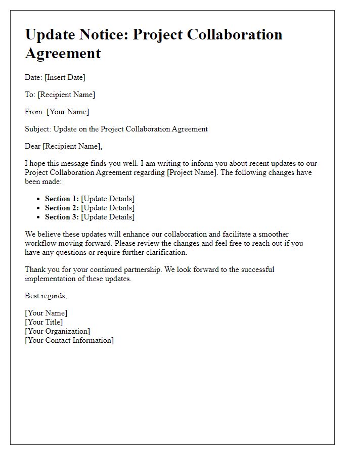 Letter template of project collaboration agreement update notice