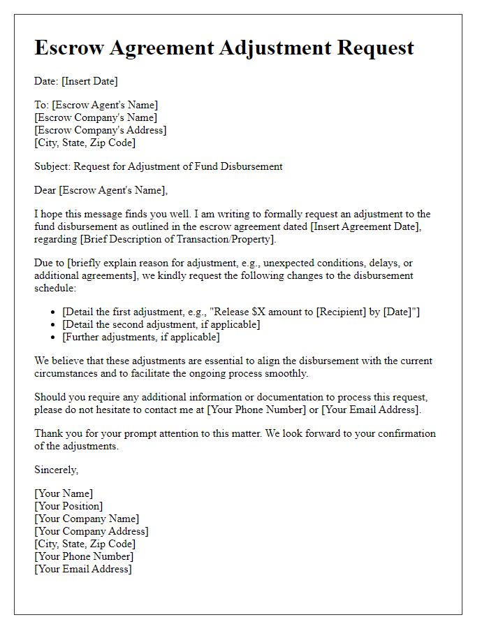 Letter template of escrow agreement adjustment request for fund disbursement.